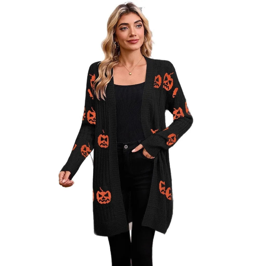 Women's black Halloween pumpkin head jacquard knitted cardigan sweater on hanger