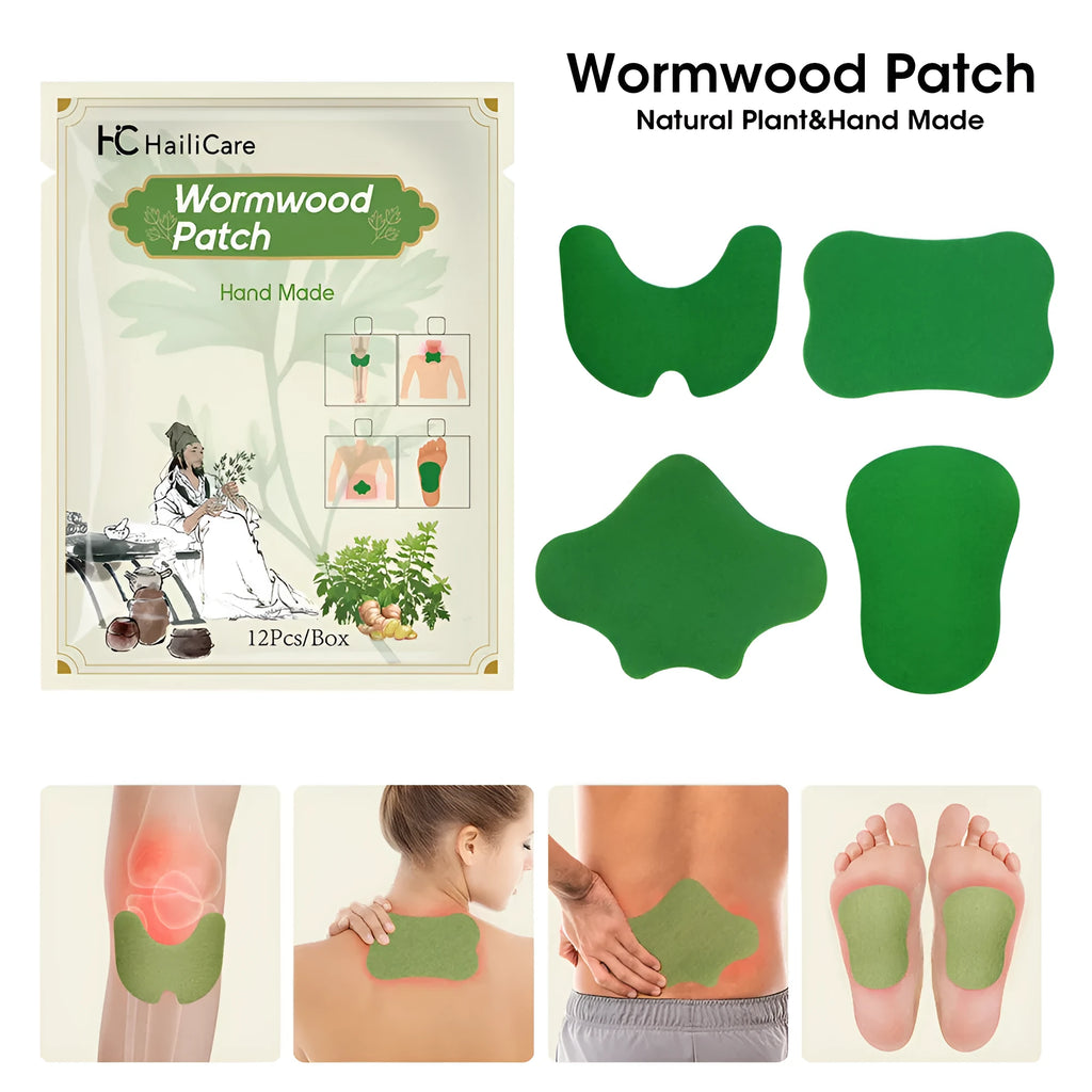 Bag containing 12 Chinese mugwort herbal adhesive patches for knee, back, neck and foot support.