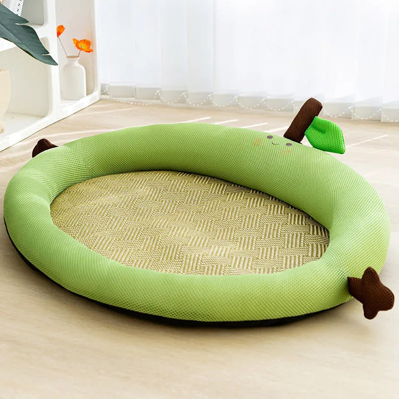 Green fruit backrest pet cooling mat in nest design for large dogs on wooden floor