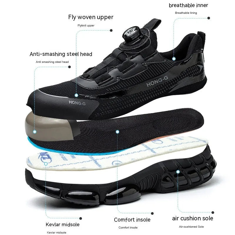 Lightweight black anti-smash safety work shoes with front lacing and a steel toe cap
