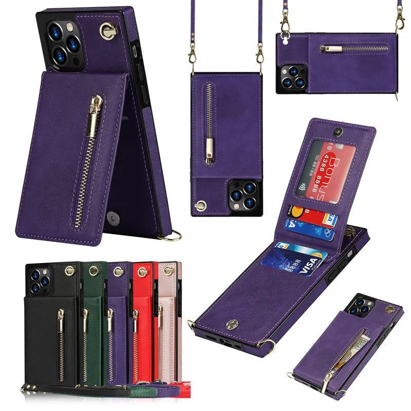 A simple black mobile phone case made from TPU and leather, shown next to purple and rose gold colour options.