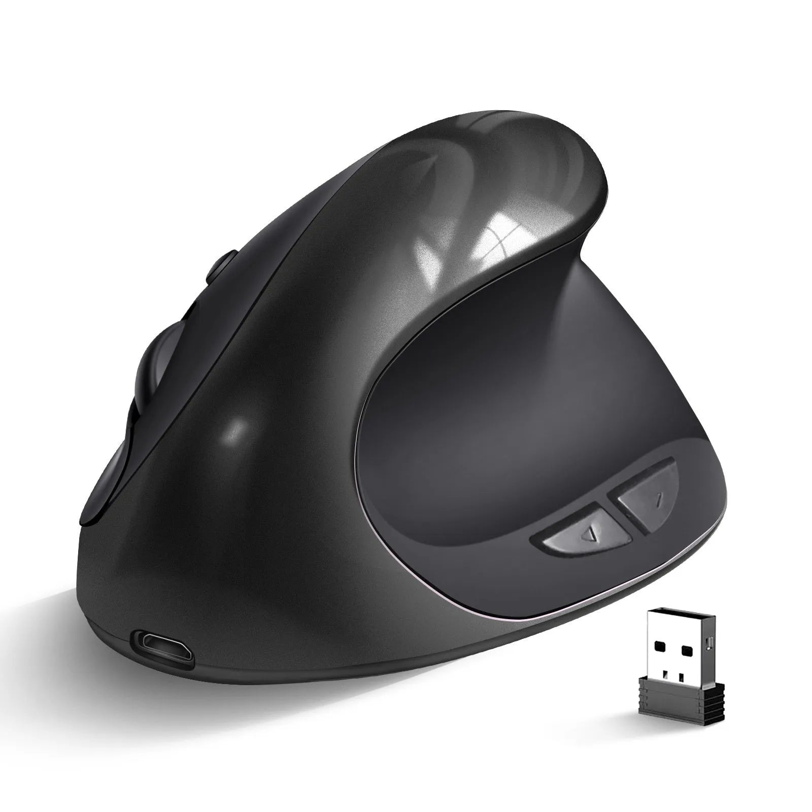 Vertical ergonomic computer mouse in various colours, shown next to a laptop.