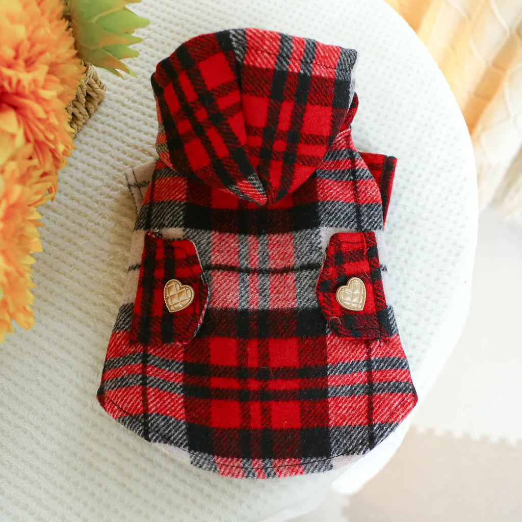 Red plaid pet trench coat for autumn and winter warmth with size options XS to XL