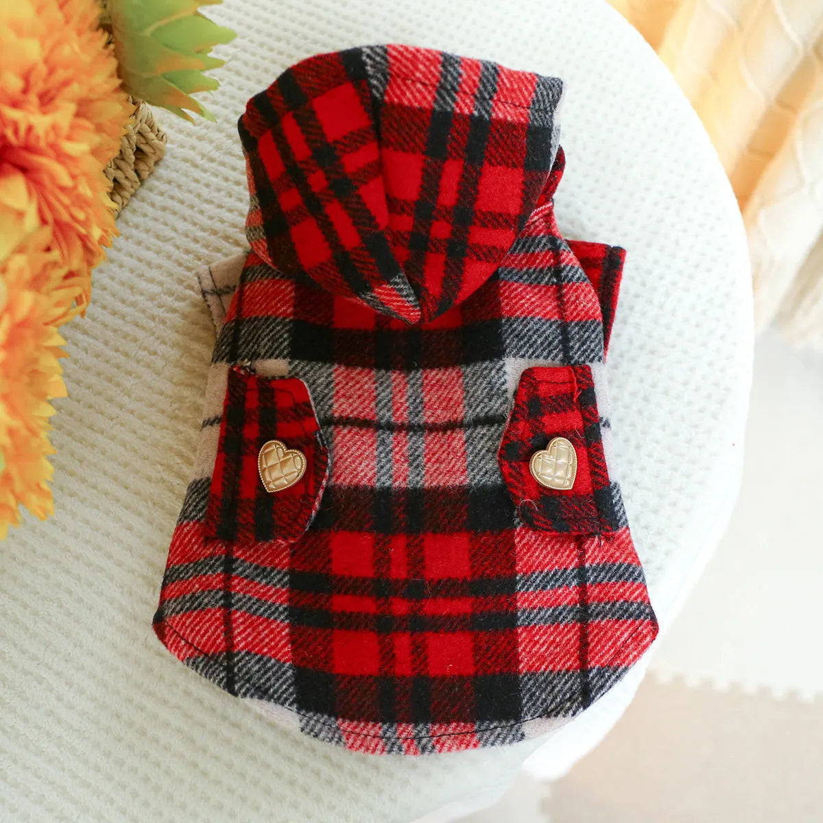 Red plaid pet trench coat for autumn and winter warmth with size options XS to XL