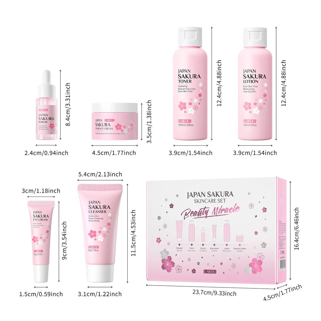Cherry blossom skin care 6-piece set with cleanser, toner, cream, serums and eye cream