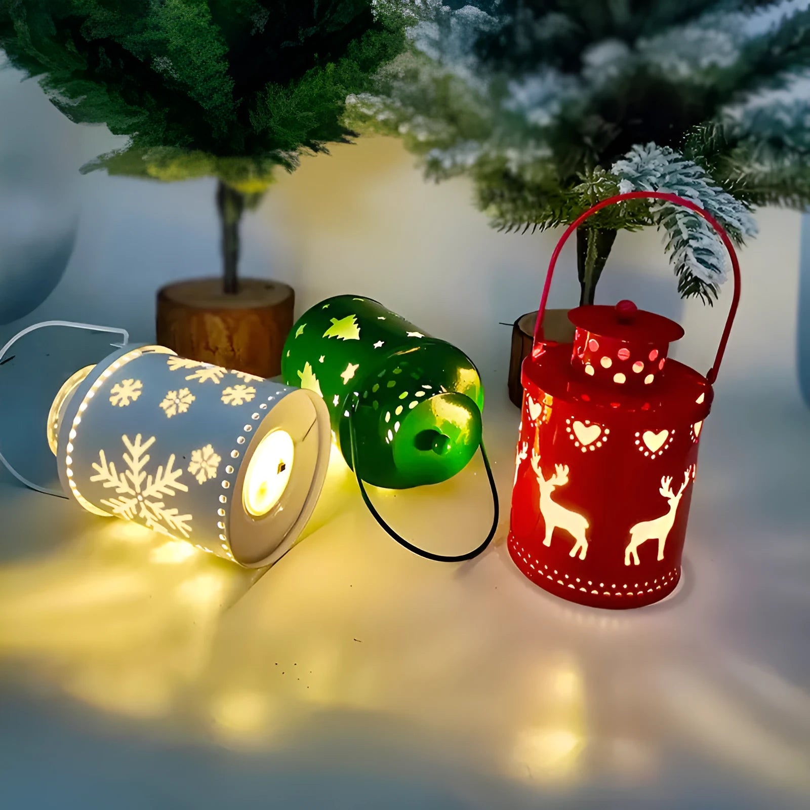 Nordic style wrought iron electronic candle lantern with LED light in green, red, or white.