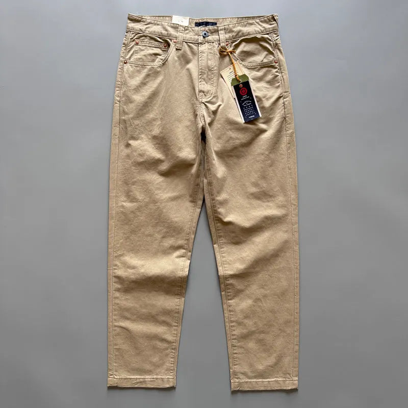 Men's straight-leg American retro cotton trousers in grey, army green or khaki colours