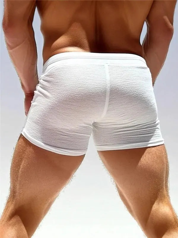 Plus size men's white sexy lacing fitness shorts with high elasticity polyester fabric