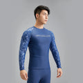Men's dark blue nylon swimwear set with pattern detail showing swim top and trunks