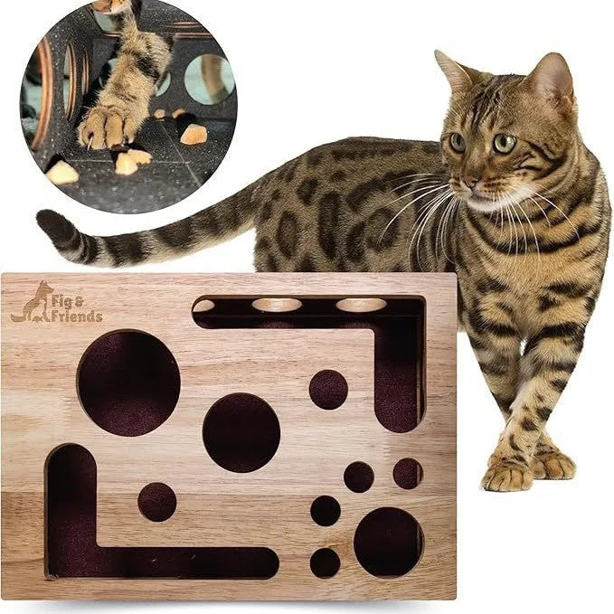 Solid wood square maze cat toy in natural wood colour on floor