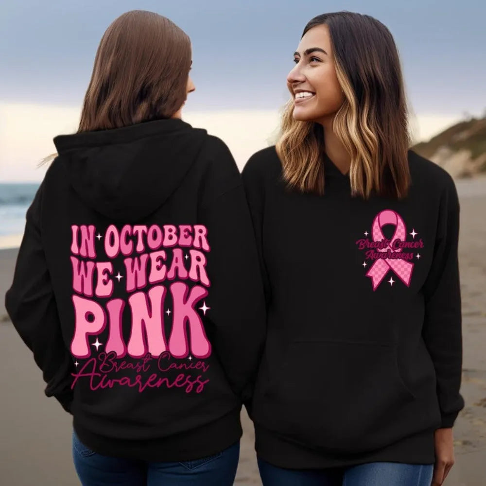 Breast Cancer Awareness retro print hoodie with side pockets in pink, white, khaki, or black.