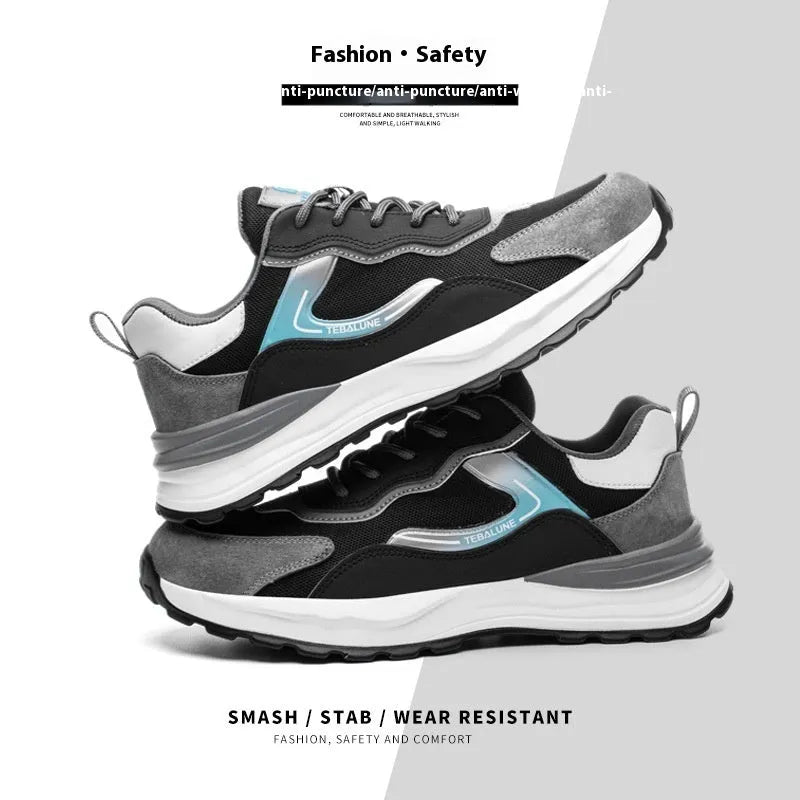 Men's low-top work shoes in Four Seasons colour with suede and mesh upper, steel toe cap, and lace-up fastening.