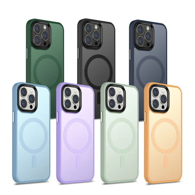 Magnetic suction frosted phone case in Cangling Green color with scrub skin texture for iPhone