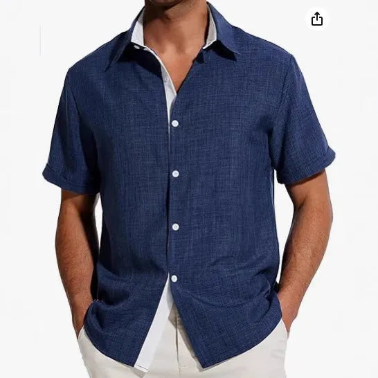 Men's grey floral print short-sleeved shirt laid flat, showing regular fit and cardigan style.