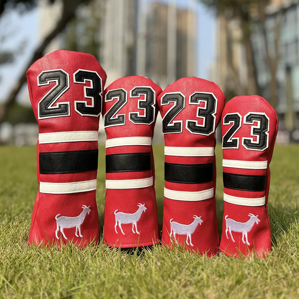 Set of four PU golf club head sleeves in a chosen colour for UT, 3/5, 1, and square putter.
