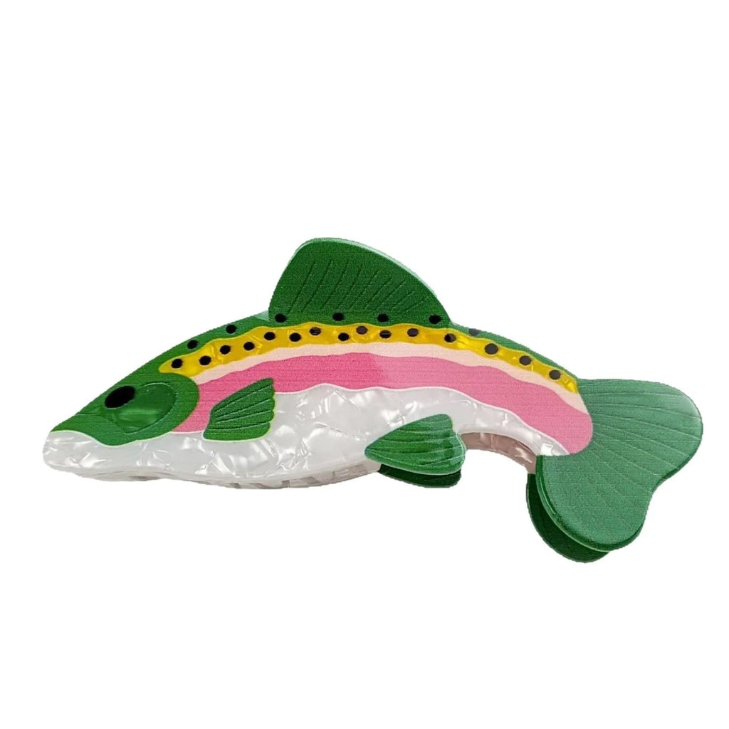 Dark green PVC hair clip with printed rainbow trout and carp design