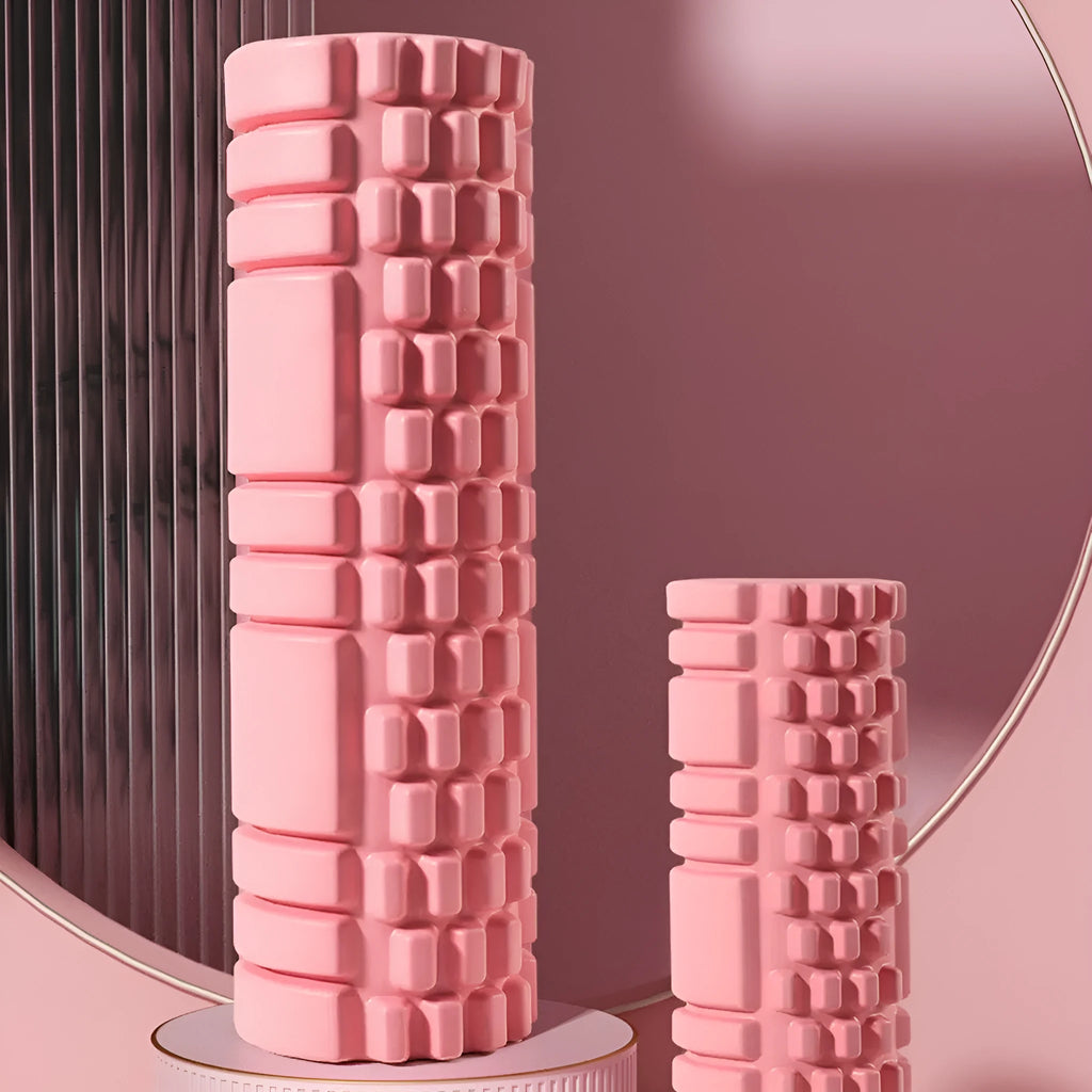 A firm EVA foam roller in a choice of colours like pink or black, shown in different sizes for fitness recovery.