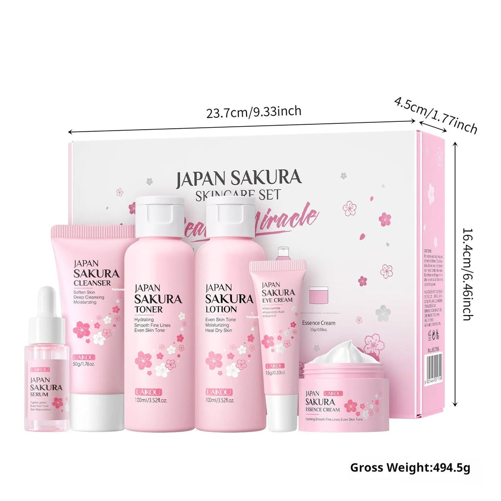 Cherry blossom skin care 6-piece set with cleanser, toner, cream, serums and eye cream