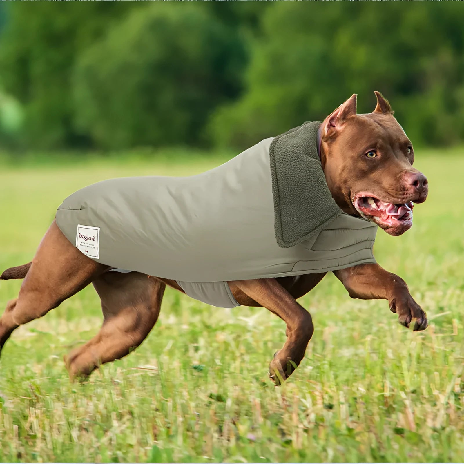 Dog wearing a solid colour cotton-padded turtleneck lapel jacket in sand white.