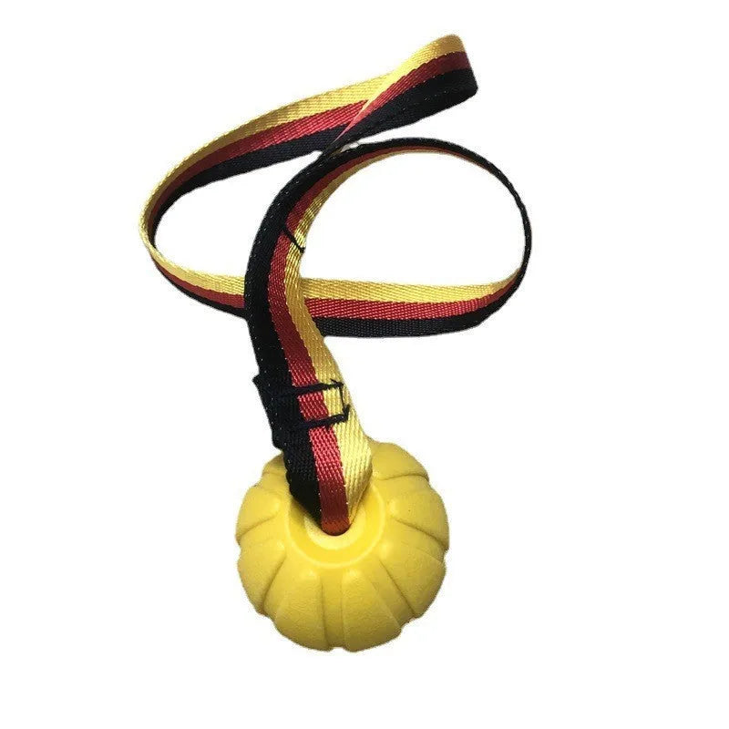 Floating EVA foam dog training ball with string in camouflage or yellow colour, shown in 6.5cm, 7cm, and 9cm diameter sizes