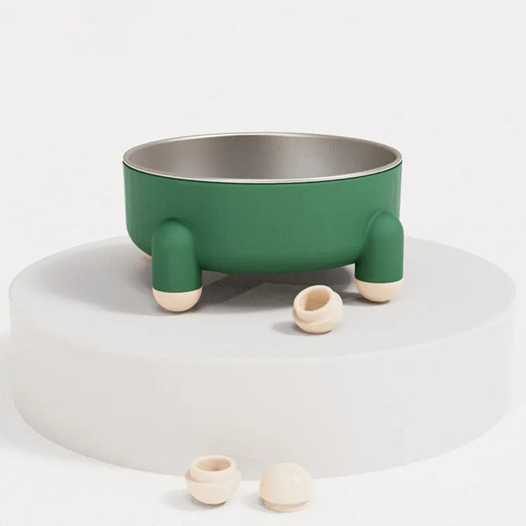 Green stainless steel pet food bowl with high foot and non-slip anti-overturn base.