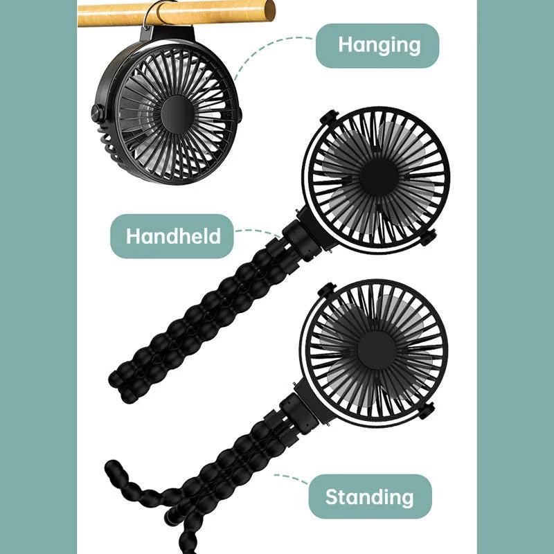Black flexible tripod clip-on portable fan showing 360° rotation head and safety barrier around blades.