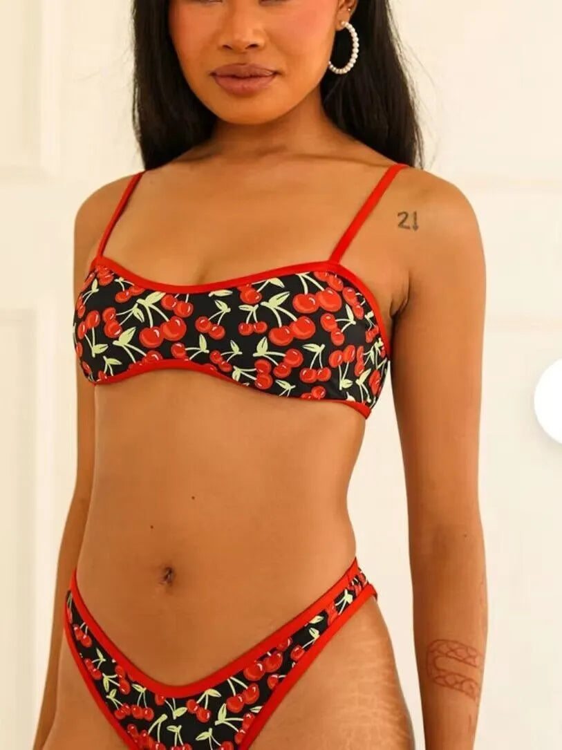 Women's cherry print floral tube top bikini swimsuit with briefs in polyester fabric