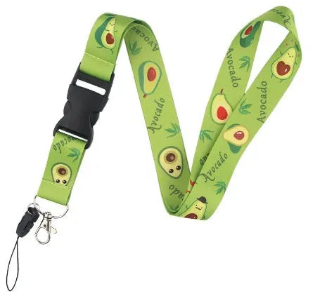 Avocado and fruit cartoon design on a double-sided white polyester phone lanyard with a black plastic buckle.
