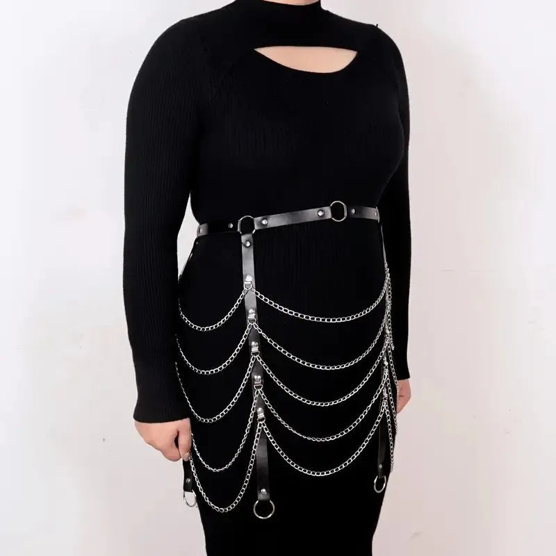 Black PU leather waist chain with bandage binding design for women's decorative clothing ornament