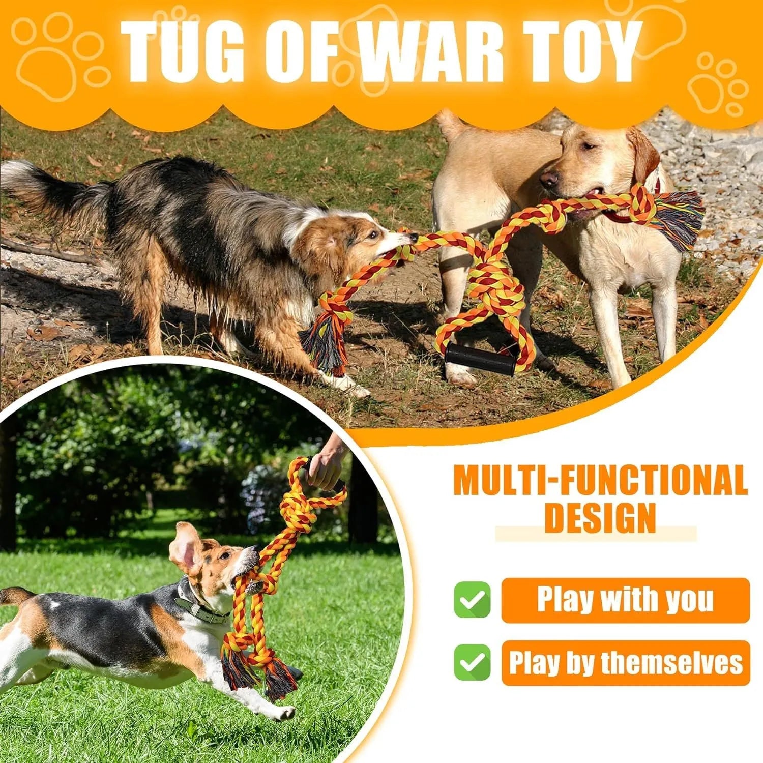 Blue and yellow cotton rope dog toy with non-slip handle for large breed aggressive chewers