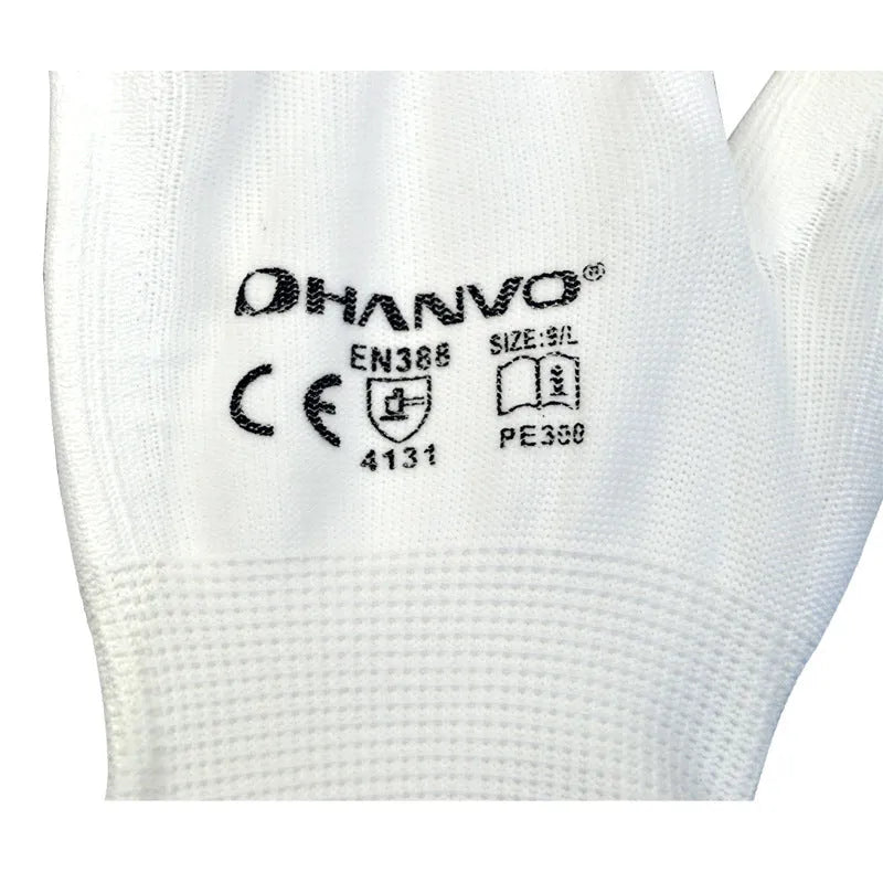White PU-coated labour gloves showing flexible design and 24cm length on work surface