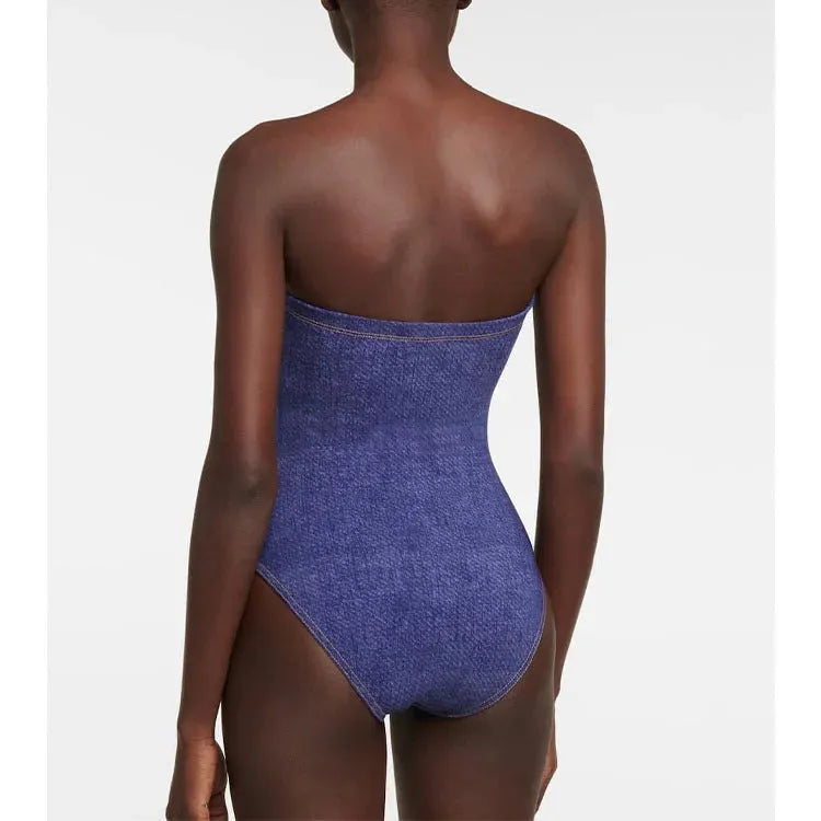 Women's vintage denim style one-piece swimsuit with matching skirt in Y258 colour