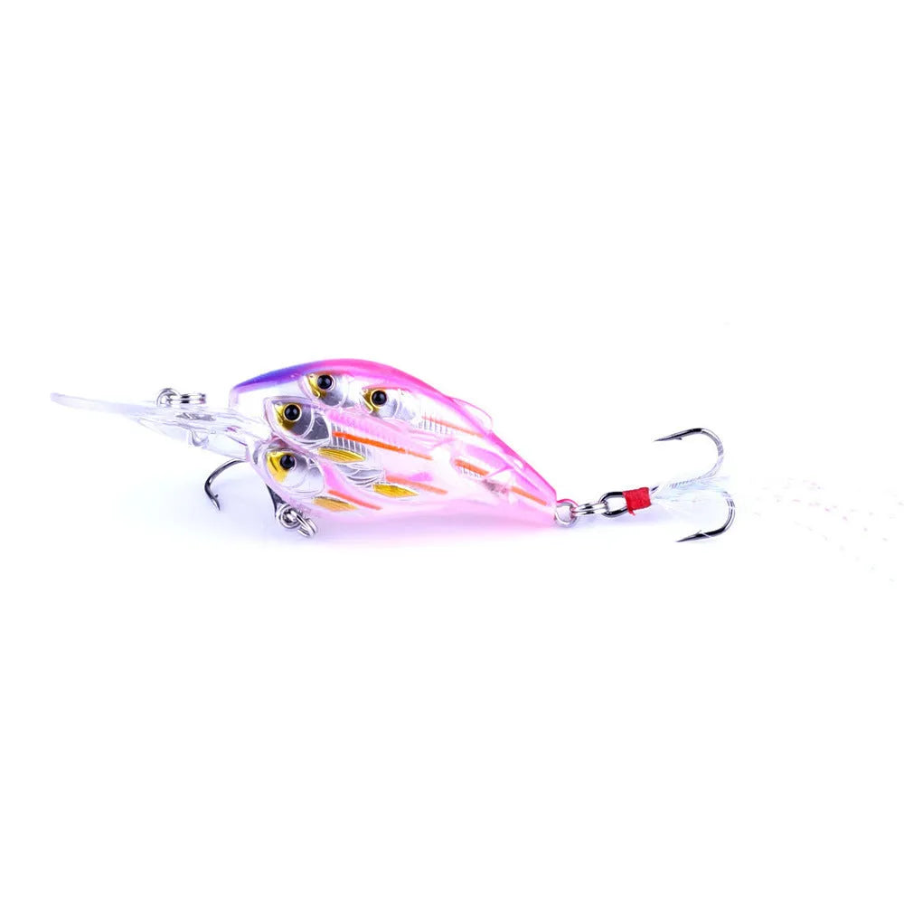 Set of nine multi-colour ABS plastic hard bait fishing lures with feather hooks.