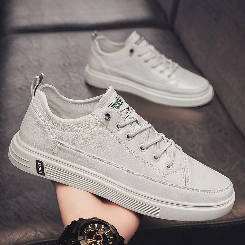Men's white casual shoes with PU leather upper and flat low-heel sole