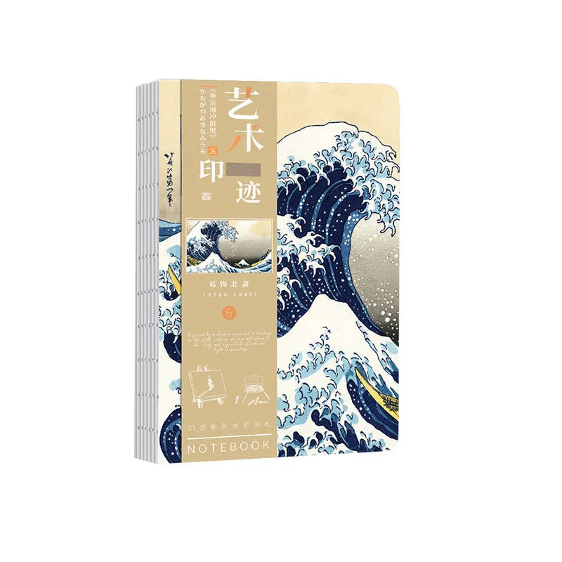 Ukiyo-e art hand ledger notebook open showing retro Japanese wave print cover and lined Daolin paper pages.