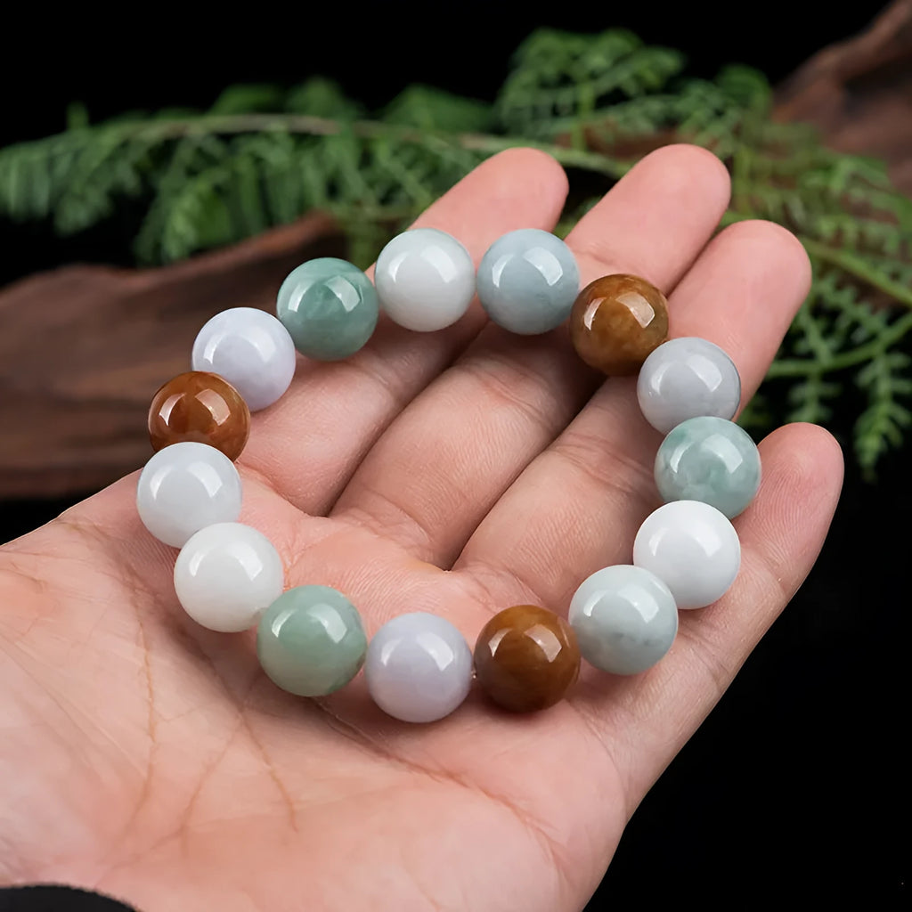 Women's natural Myanmar jade three-colour bracelet with 13mm round beads and certificate