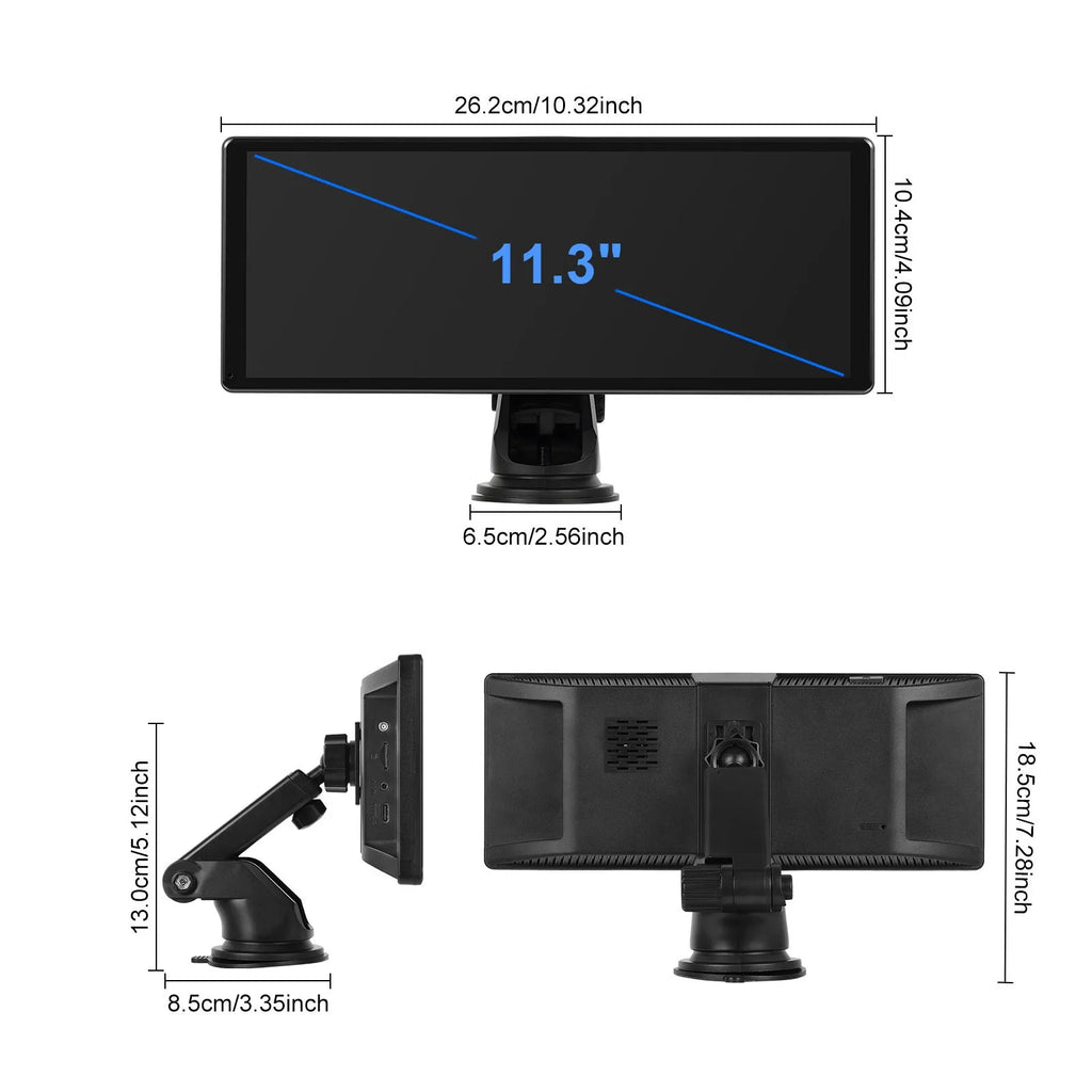 Android car display unit with 11.3-inch touchscreen mounted on vehicle dashboard