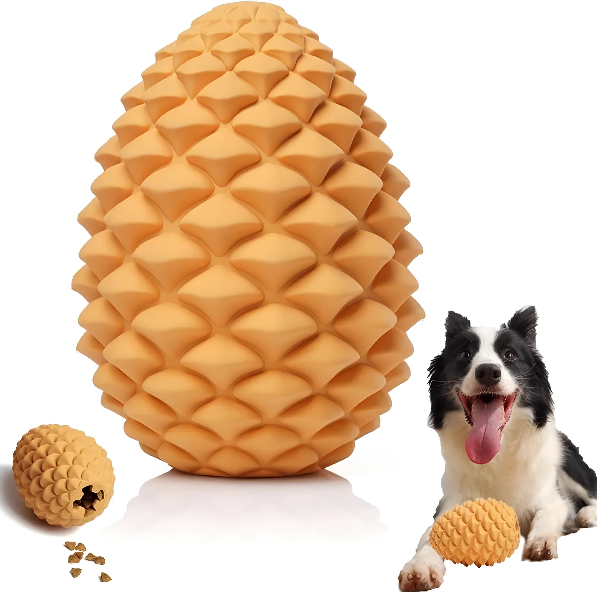 Natural rubber pine cone shaped dog chew toy with treat dispenser hole