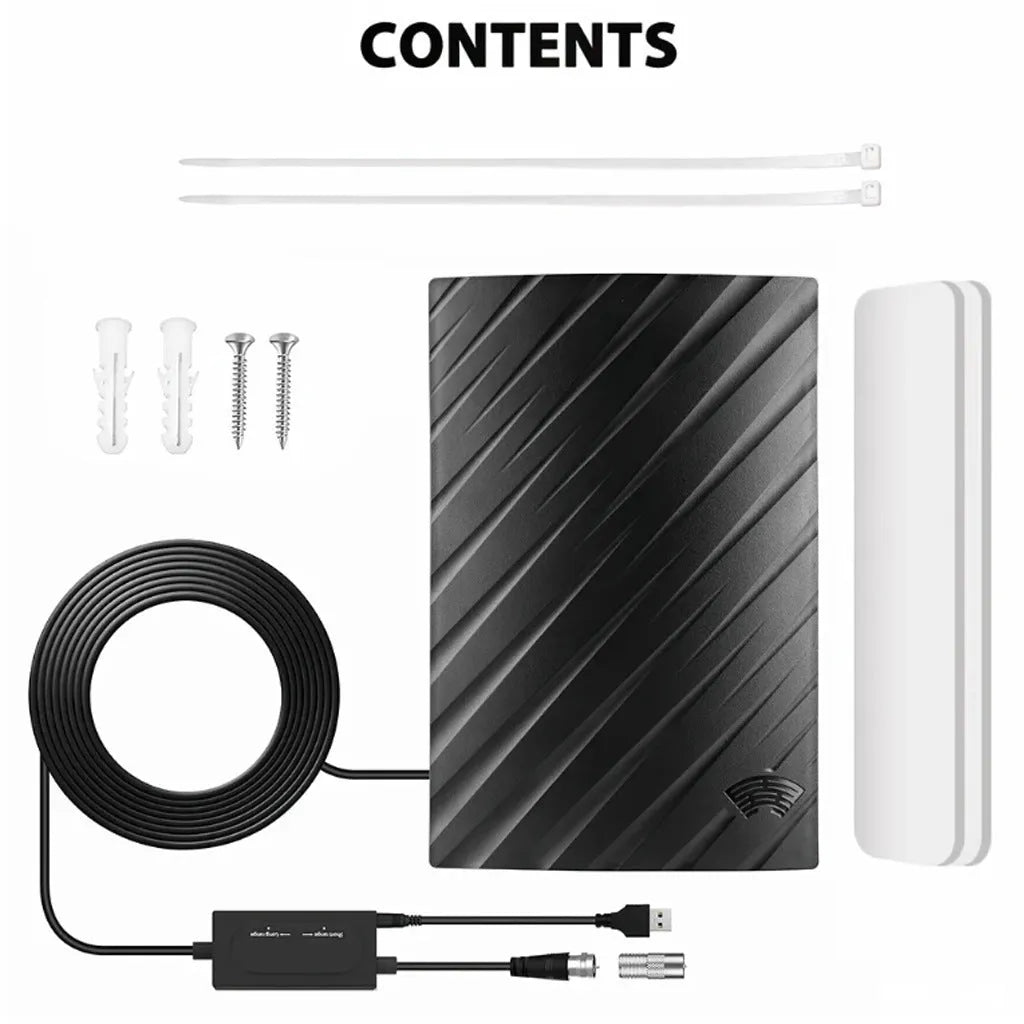 Black plastic digital television antenna with mounting accessories including screws and adhesive tape