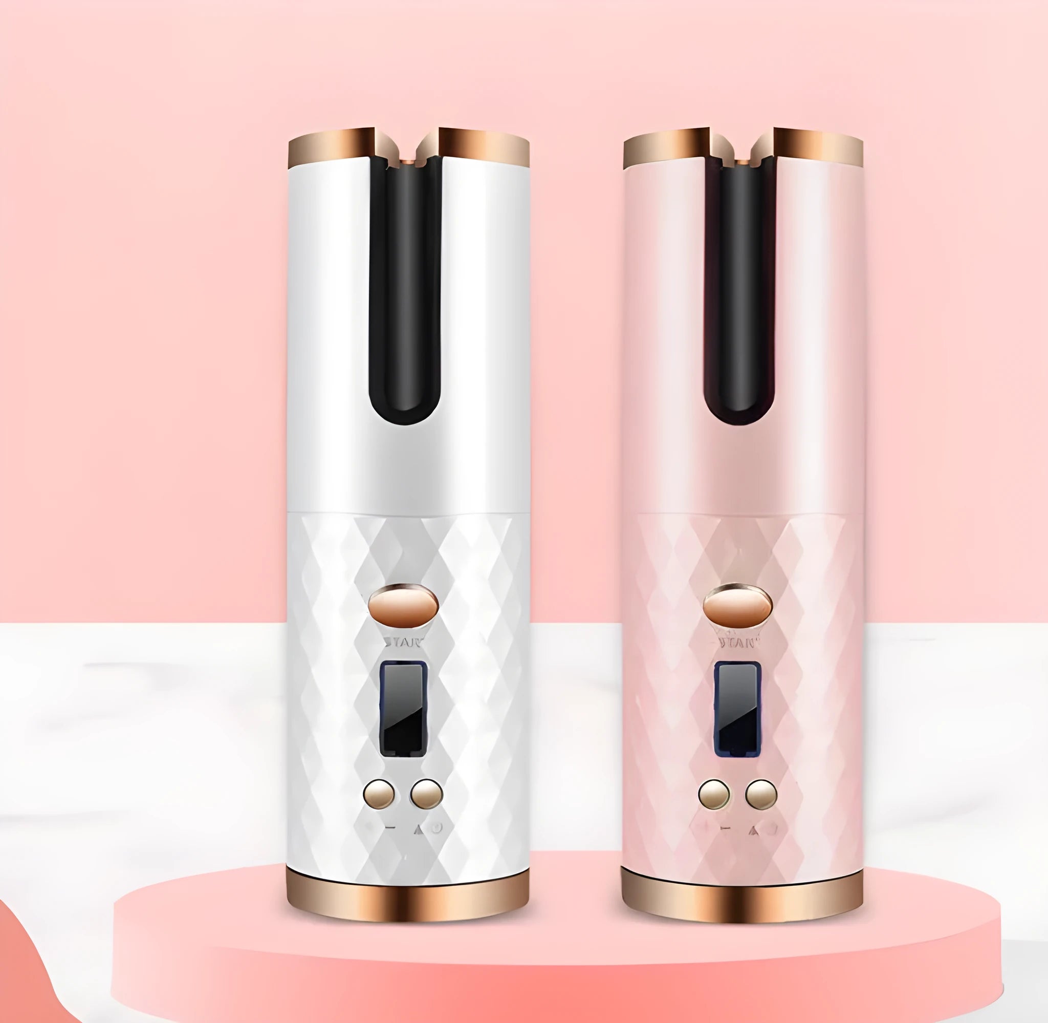 White portable mini curling iron with USB charging port and gold ceramic barrel.