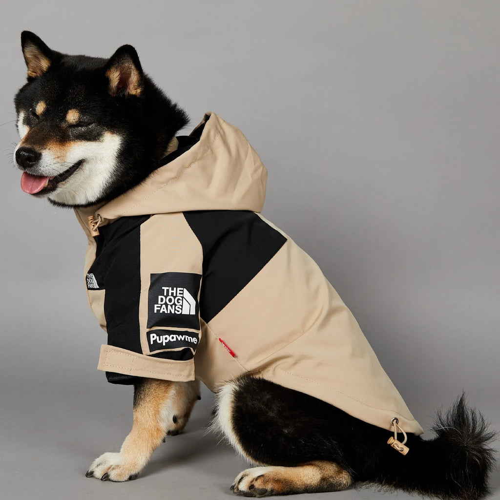 Khaki coloured polyester dog shell jacket for medium and large breeds on a mannequin.
