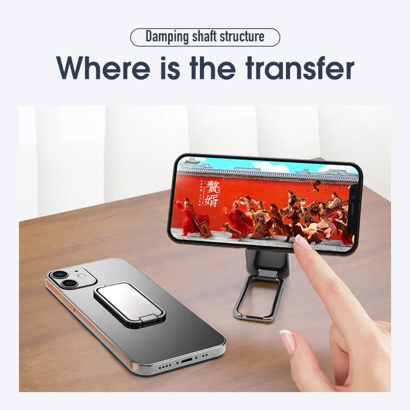 Silver foldable mobile phone holder with magnetic bracket showing adjustable viewing angles