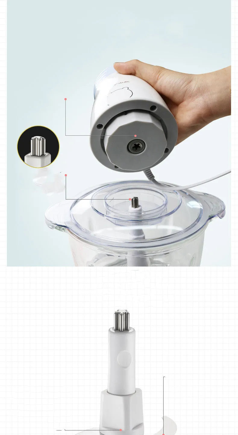 Household electric vegetable chopper with 2L glass bowl and double-layer four-leaf blade
