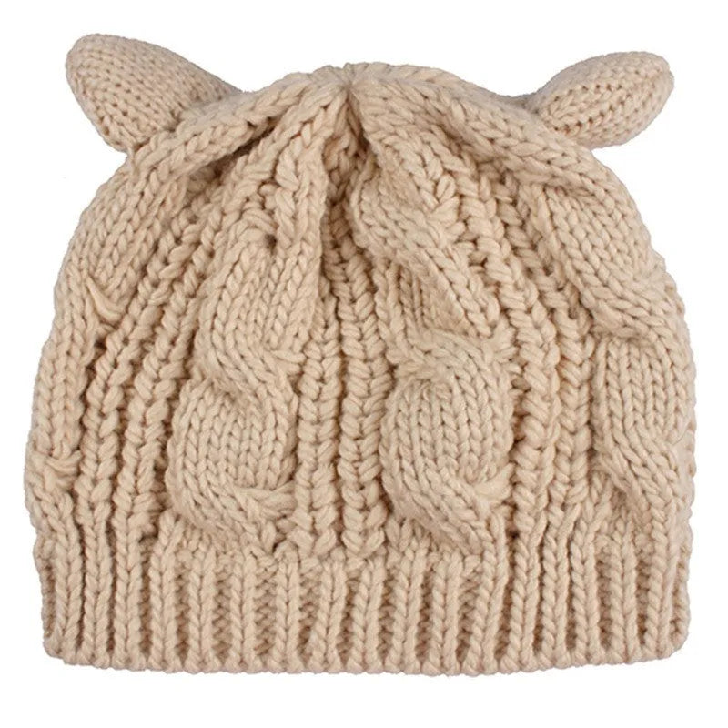Handmade 3D cat ear knitted winter beanie in knitting wool material showing red colour option