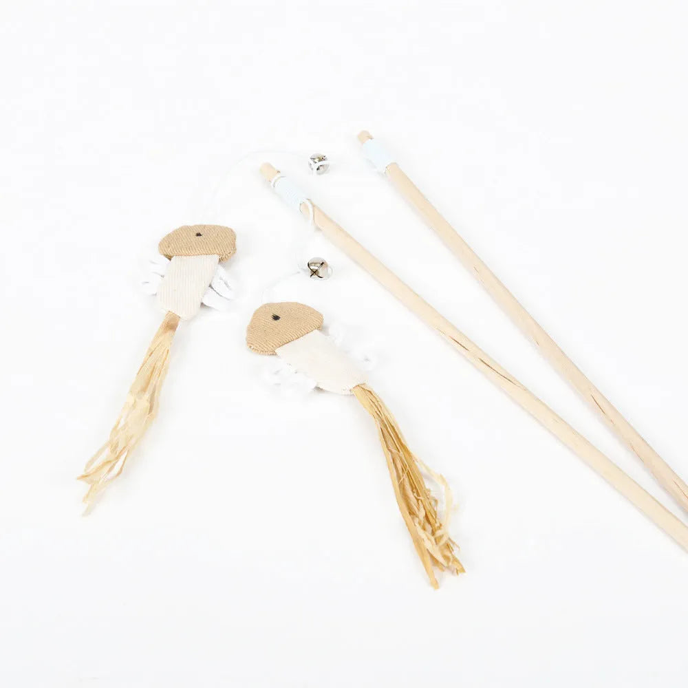 Wooden funny cat stick toy with bell and big feather attachment for interactive cat play