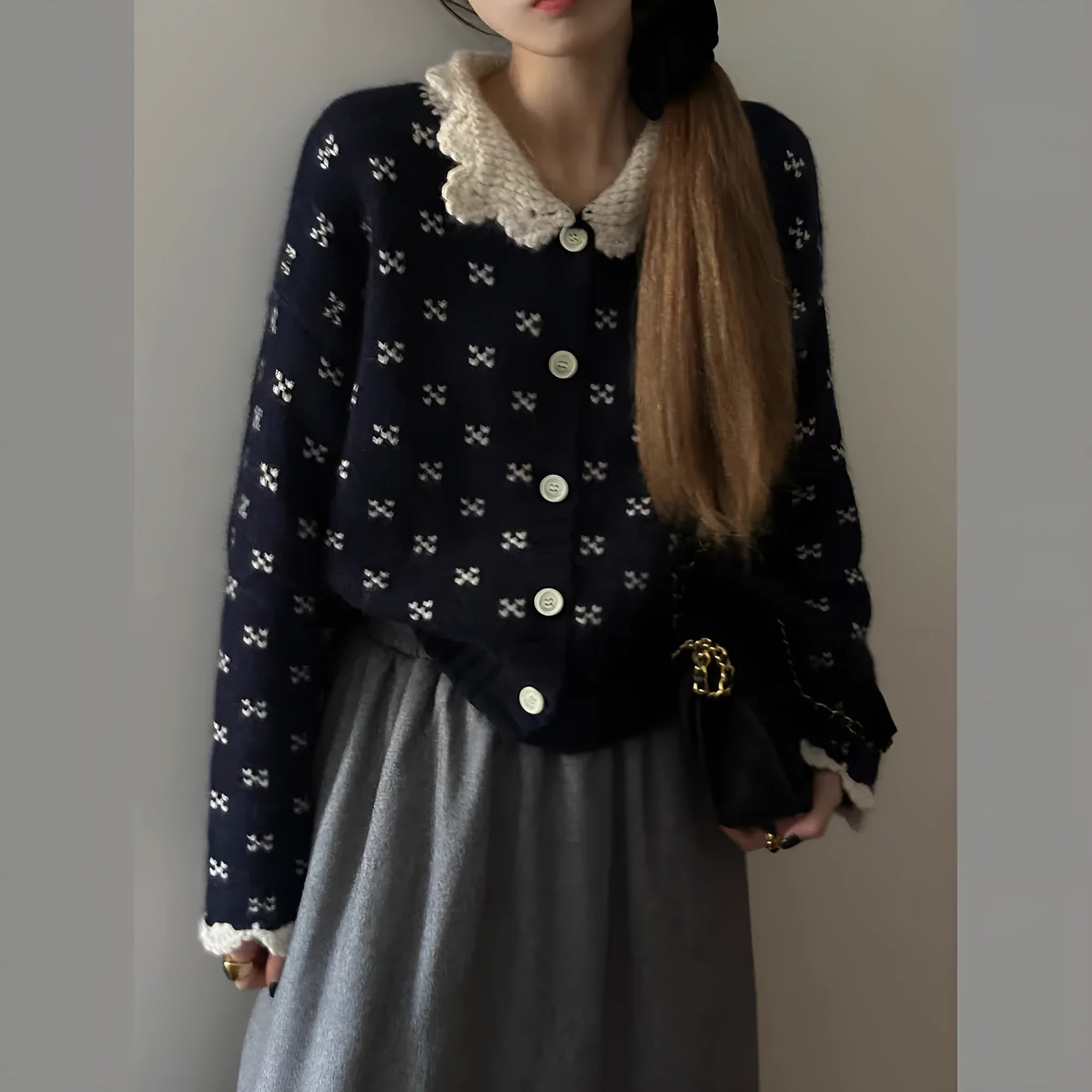 Floral pattern knitted cardigan with Peter Pan collar in Japanese Korean casual style