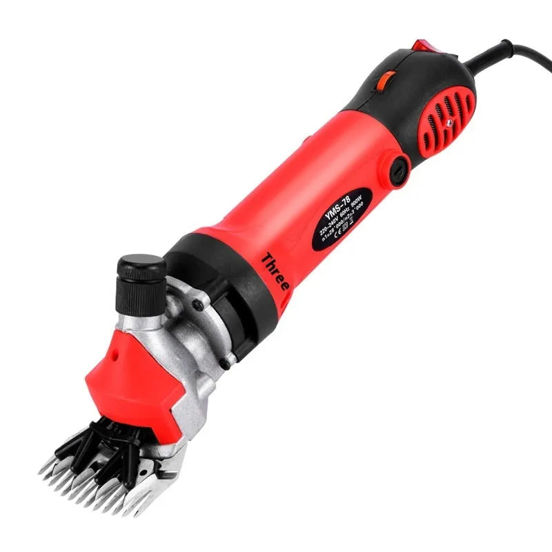 Yellow electric wool shearing machine with 13-tooth cutter and accessories kit for 110V outlet.