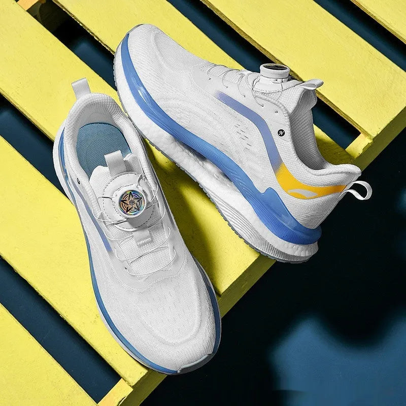 Men's high-top breathable sports sneakers in cotton candy colour with buckle closure and mesh upper.