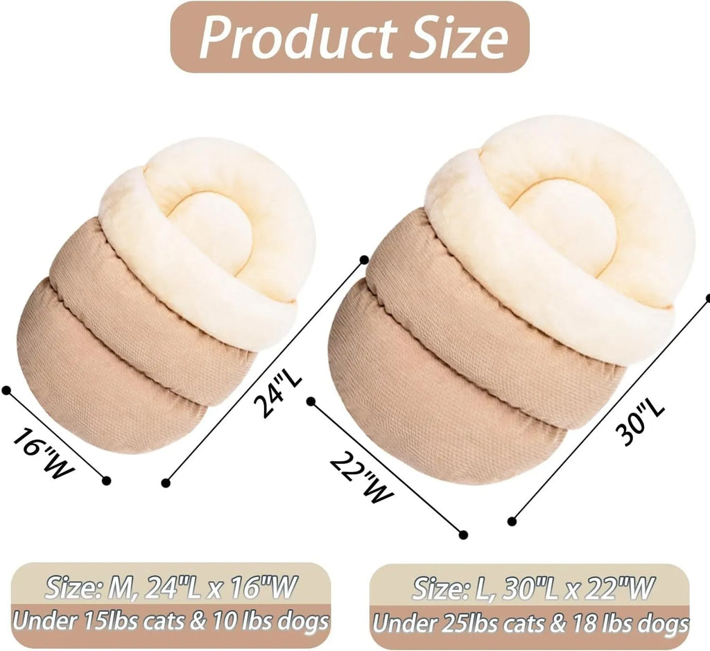 Slipper-shaped cat bed with corduroy exterior shown in closed cave configuration and opened flat position