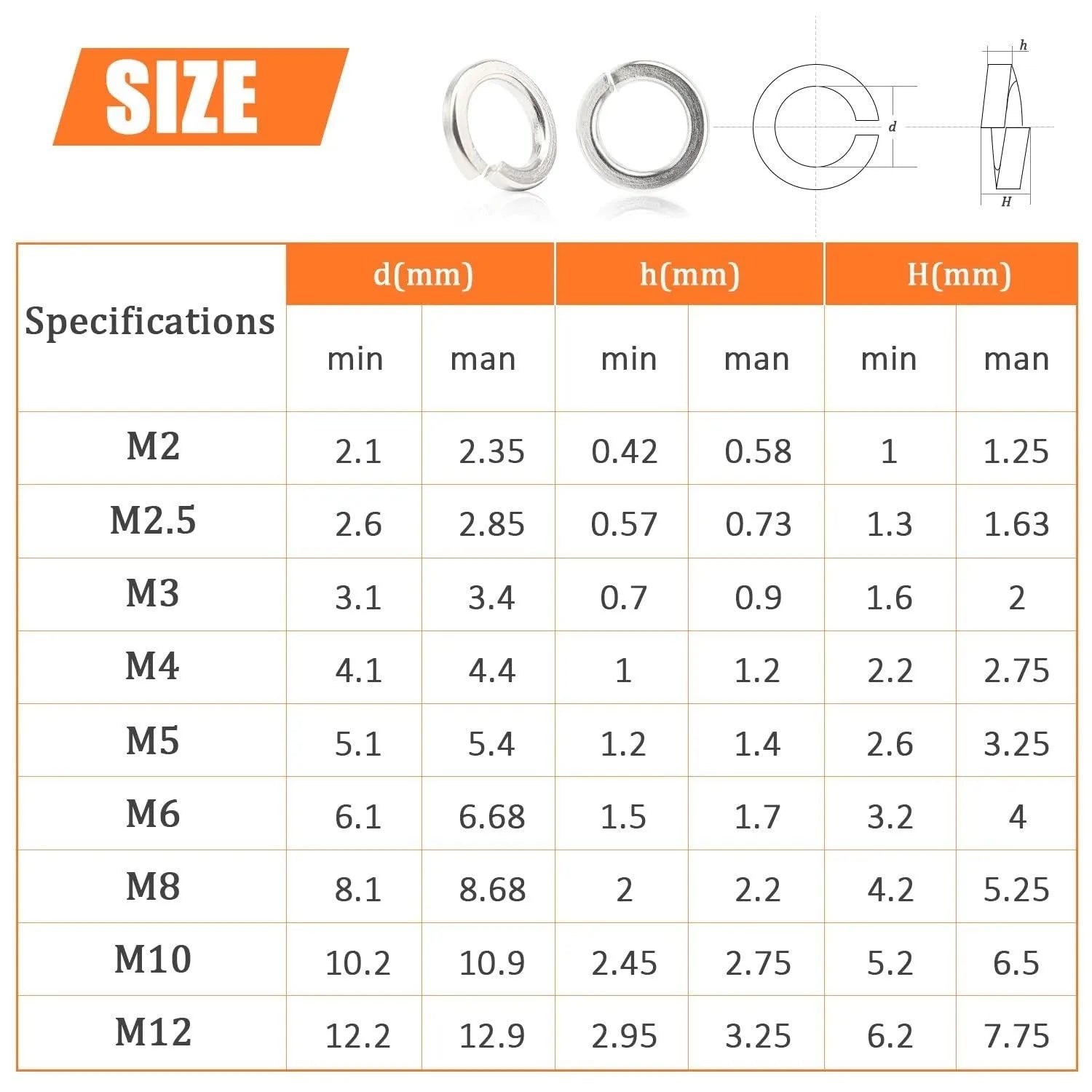 304 stainless steel spring washer assortment kit with 900 pieces in a box, sizes 2mm to 12mm